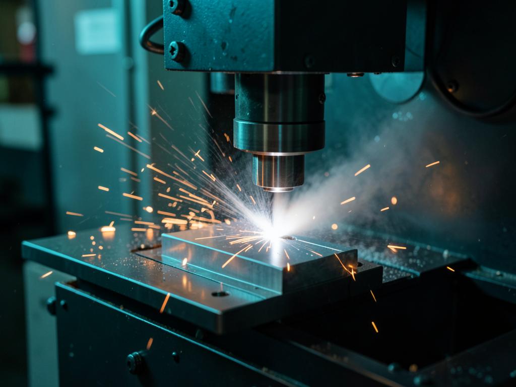 CNC machine cutting a precision aluminum component