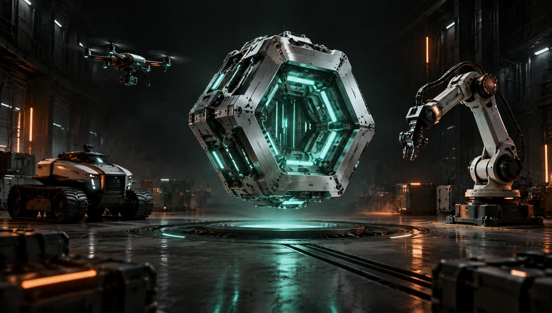 A glowing hexagonal manufacturing core surrounded by autonomous machines