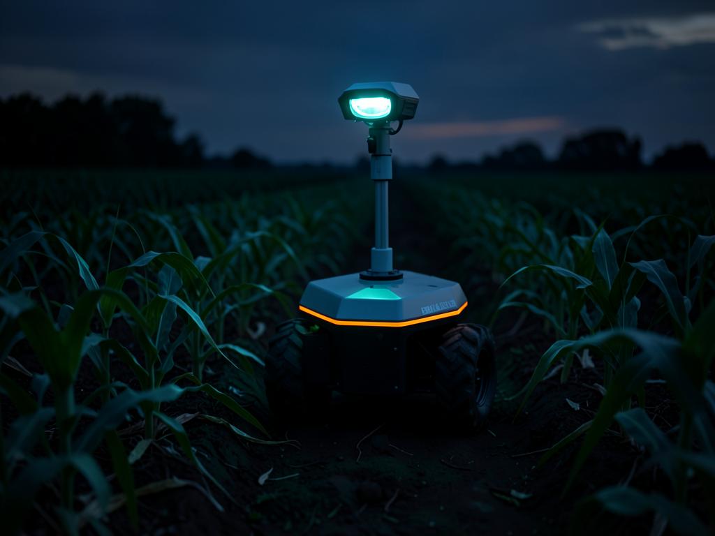 Autonomous agricultural robot working a crop row at dusk