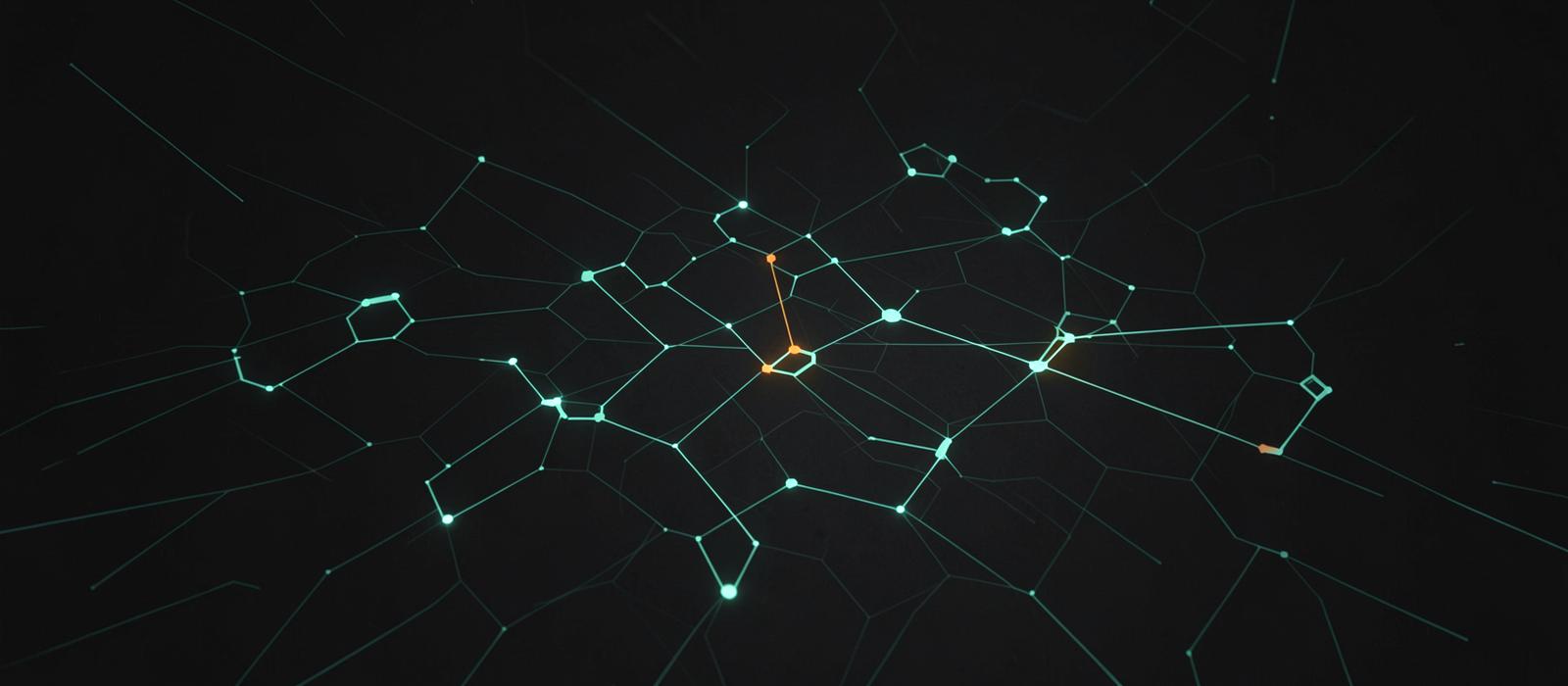 A distributed network of glowing hexagonal manufacturing nodes