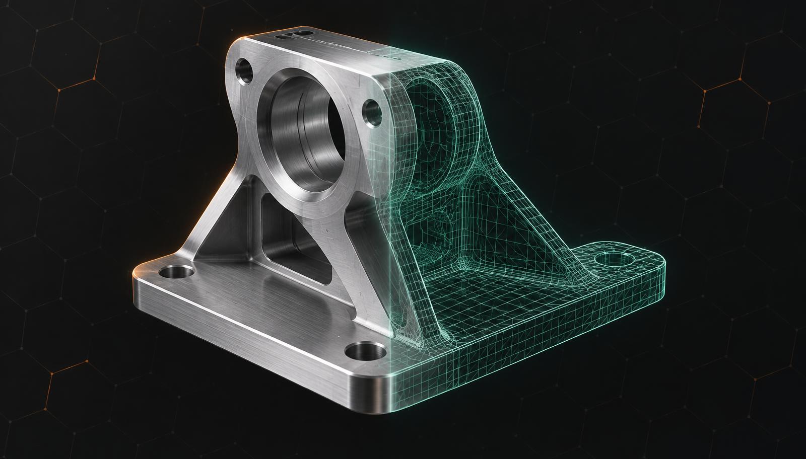 A machined aluminum bracket transitioning into a glowing CAD wireframe